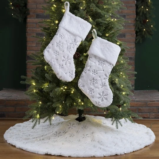 Glitzhome® White Plush With Snowflake Christmas Stocking & Tree Skirt Set 3 Glitzhome® White Plush With Snowflake Christmas Stocking & Tree Skirt Set - Image 3