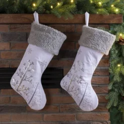 Glitzhome® 21" White Fleece With Christmas Tree & Snowflake Stocking, 2ct. -Northlight Sale Store D252907S 2