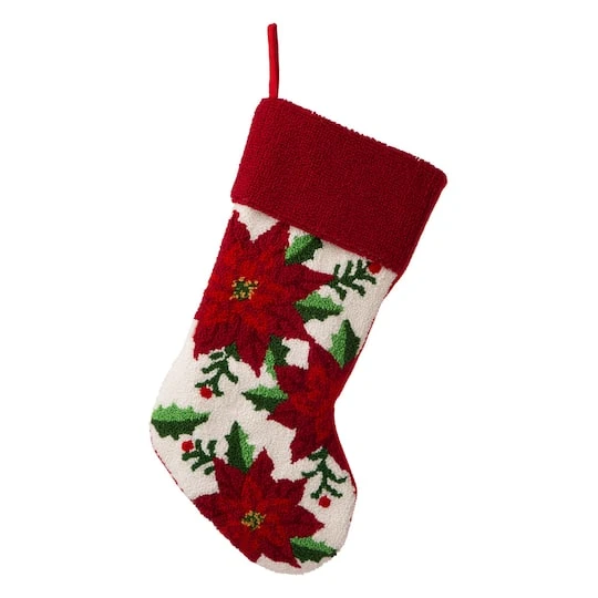 Glitzhome® 21" Poinsettia Hooked Stocking 1 Glitzhome® 21" Poinsettia Hooked Stocking