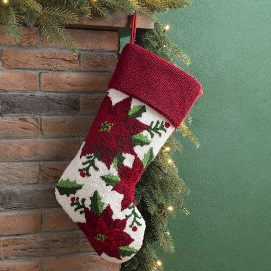 Glitzhome® 21" Poinsettia Hooked Stocking 3 Glitzhome® 21" Poinsettia Hooked Stocking - Image 3