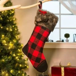Glitzhome® 21" Fur Black & Red Buffalo Plaid Stocking -Northlight Sale Store D252954S 2