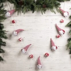 Glitzhome® 6ft. Red & White Fabric Christmas Gnome Garland -Northlight Sale Store D253596S 2