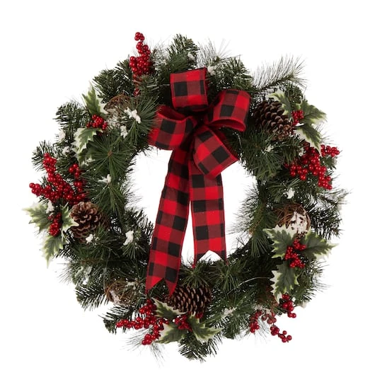 Glitzhome 24" Pre-Lit Buffalo Check Bow, Berry, Holly & Pinecone LED Wreath 2 Glitzhome 24" Pre-Lit Buffalo Check Bow, Berry, Holly & Pinecone LED Wreath - Image 2