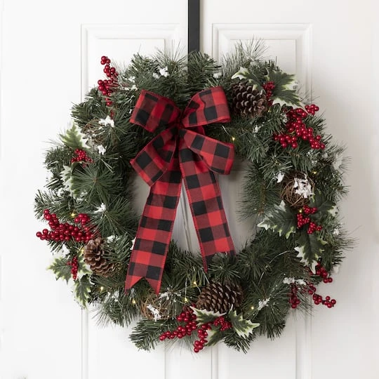 Glitzhome 24" Pre-Lit Buffalo Check Bow, Berry, Holly & Pinecone LED Wreath 3 Glitzhome 24" Pre-Lit Buffalo Check Bow, Berry, Holly & Pinecone LED Wreath - Image 3