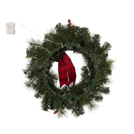 Glitzhome 24" Pre-Lit Buffalo Check Bow, Berry, Holly & Pinecone LED Wreath 8 Glitzhome 24" Pre-Lit Buffalo Check Bow, Berry, Holly & Pinecone LED Wreath - Image 8