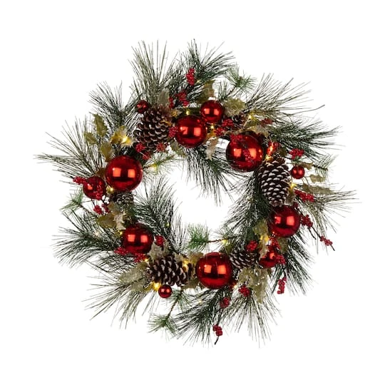 Glitzhome® 24" Pre-Lit Berry, Holly, Pinecone & Red Ornament LED Wreath 1 Glitzhome® 24" Pre-Lit Berry, Holly, Pinecone & Red Ornament LED Wreath