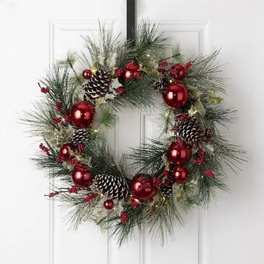 Glitzhome® 24" Pre-Lit Berry, Holly, Pinecone & Red Ornament LED Wreath 3 Glitzhome® 24" Pre-Lit Berry, Holly, Pinecone & Red Ornament LED Wreath - Image 3