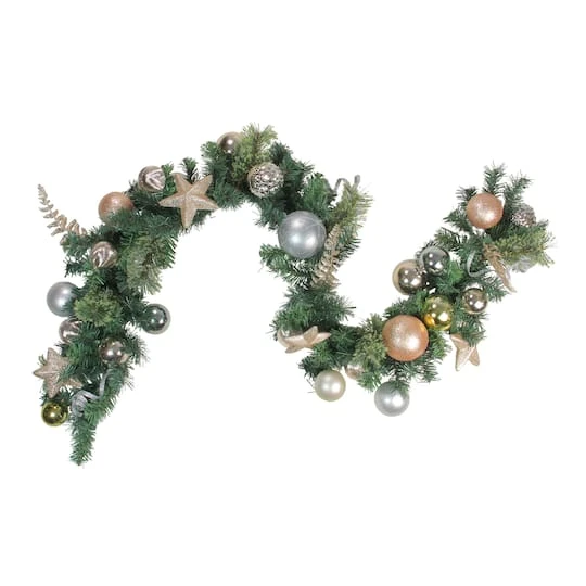 Northlight 6ft. Green & Gold Pre-Decorated Ornaments With Stars Garland 1 Northlight 6ft. Green & Gold Pre-Decorated Ornaments With Stars Garland
