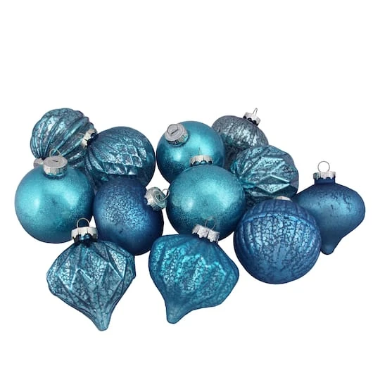 Northlight 12ct. 3.75" Teal Blue 3-Finish Glass Ornaments 1 Northlight 12ct. 3.75" Teal Blue 3-Finish Glass Ornaments