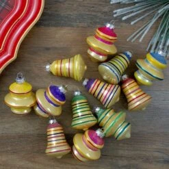Northlight 12ct. 2.75" Purple & Yellow 2-Finish Striped Glass Finial & Bell Ornaments 12 Northlight 12ct. 2.75" Purple & Yellow 2-Finish Striped Glass Finial & Bell Ornaments -Northlight Sale Store D253811S 12