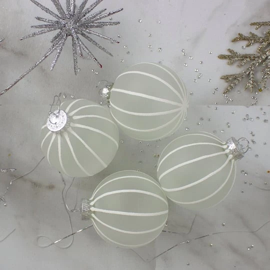 Northlight 4ct. 3.5" Frosted Glitter White Striped Glass Ball Ornaments 6 Northlight 4ct. 3.5" Frosted Glitter White Striped Glass Ball Ornaments - Image 6