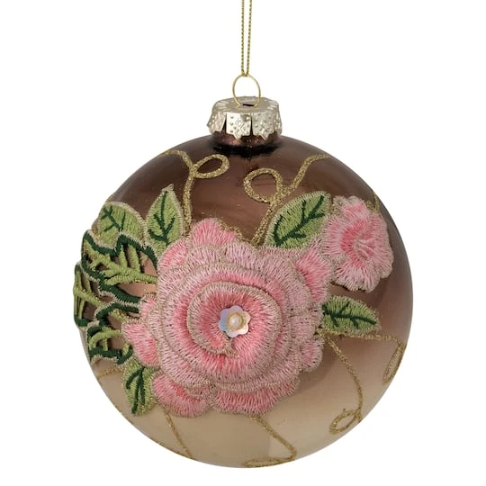 Northlight 5" 2-Finish Brown & Pink Floral Applique Glass Ball Ornament 2 Northlight 5" 2-Finish Brown & Pink Floral Applique Glass Ball Ornament - Image 2