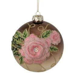 Northlight 5" 2-Finish Brown & Pink Floral Applique Glass Ball Ornament 10 Northlight 5" 2-Finish Brown & Pink Floral Applique Glass Ball Ornament -Northlight Sale Store D253827S 11