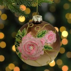 Northlight 5" 2-Finish Brown & Pink Floral Applique Glass Ball Ornament 9 Northlight 5" 2-Finish Brown & Pink Floral Applique Glass Ball Ornament -Northlight Sale Store D253827S 2