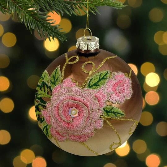 Northlight 5" 2-Finish Brown & Pink Floral Applique Glass Ball Ornament 3 Northlight 5" 2-Finish Brown & Pink Floral Applique Glass Ball Ornament - Image 3