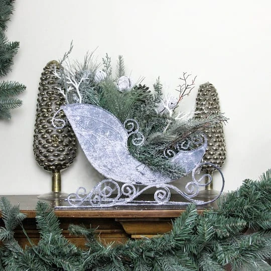 Northlight 9.5" Gray & Green Frosted Pinecone In Foliage Filled Tabletop Sleigh 6 Northlight 9.5" Gray & Green Frosted Pinecone In Foliage Filled Tabletop Sleigh - Image 6
