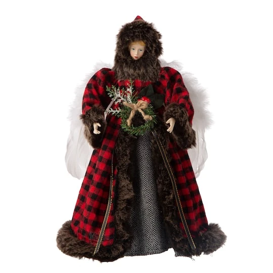 Glitzhome® 16" Red Plaid Faux Fur Angel Tree Topper 2 Glitzhome® 16" Red Plaid Faux Fur Angel Tree Topper - Image 2