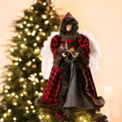 Glitzhome® 16" Red Plaid Faux Fur Angel Tree Topper 11 Glitzhome® 16" Red Plaid Faux Fur Angel Tree Topper -Northlight Sale Store D254165S 2