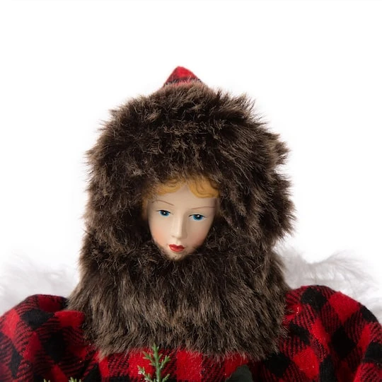 Glitzhome® 16" Red Plaid Faux Fur Angel Tree Topper 4 Glitzhome® 16" Red Plaid Faux Fur Angel Tree Topper - Image 4