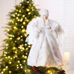 Glitzhome® 16" White Faux Fur Christmas Angel Tree Topper 11 Glitzhome® 16" White Faux Fur Christmas Angel Tree Topper -Northlight Sale Store D254172S 2