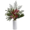 23" Mixed Pine, Pinecone & Berry Arrangement In White Vase
