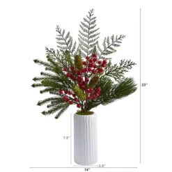 23" Mixed Pine, Pinecone & Berry Arrangement In White Vase -Northlight Sale Store D255790S 2
