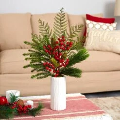 23" Mixed Pine, Pinecone & Berry Arrangement In White Vase -Northlight Sale Store D255790S 3