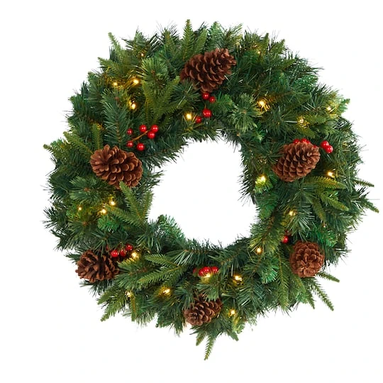 24" Clear LED Mixed Pine & Berries Christmas Wreath 1 24" Clear LED Mixed Pine & Berries Christmas Wreath