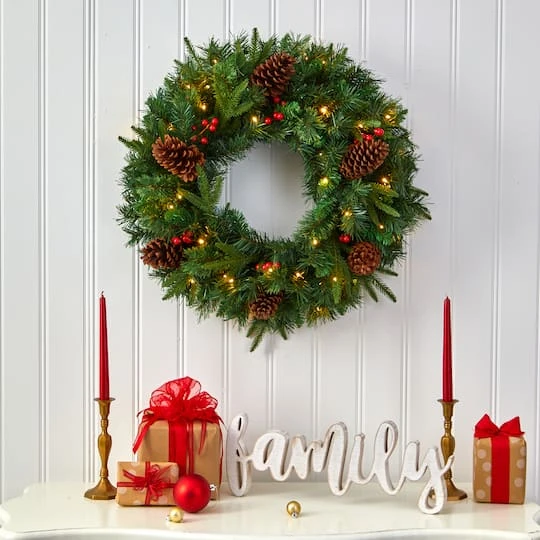 24" Clear LED Mixed Pine & Berries Christmas Wreath 5 24" Clear LED Mixed Pine & Berries Christmas Wreath - Image 5