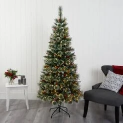 6ft. Pre-Lit Frosted Swiss Pine & Berries Artificial Christmas Tree With Clear LED Lights -Northlight Sale Store D255948S 6