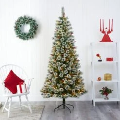 7ft. Pre-Lit Frosted Swiss Pine & Berries Artificial Christmas Tree With Clear LED Lights -Northlight Sale Store D255949S 5