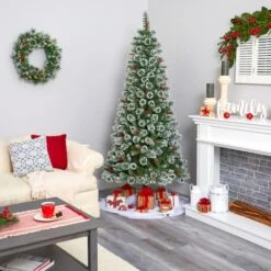 7ft. Pre-Lit Frosted Swiss Pine & Berries Artificial Christmas Tree With Clear LED Lights -Northlight Sale Store D255949S 7