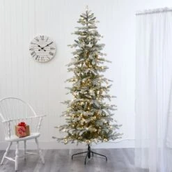 7.5ft. Pre-Lit Slim Flocked Nova Scotia Spruce Artificial Christmas Tree With Warm White LED Lights -Northlight Sale Store D256091S 7