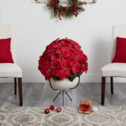 3ft. Red Grand Poinsettia Arrangement In White Vase With Metal Stand 11 3ft. Red Grand Poinsettia Arrangement In White Vase With Metal Stand -Northlight Sale Store D292863S 15