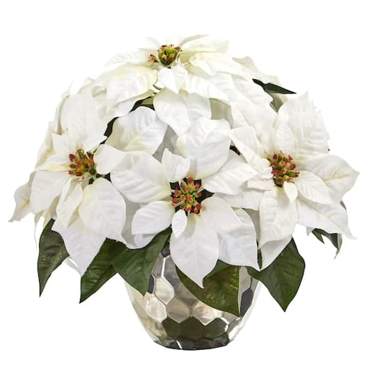 14" White Poinsettia Arrangement In Designer Silver Bowl 2 14" White Poinsettia Arrangement In Designer Silver Bowl - Image 2