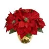 11" Red Poinsettia Arrangement In Golden Vase