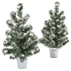 2 Pack 18" Unlit Snowy Mini Pine Artificial Christmas Trees With Tin Planters