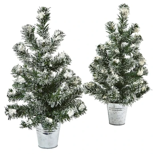 2 Pack 18" Unlit Snowy Mini Pine Artificial Christmas Trees With Tin Planters 1 2 Pack 18" Unlit Snowy Mini Pine Artificial Christmas Trees With Tin Planters