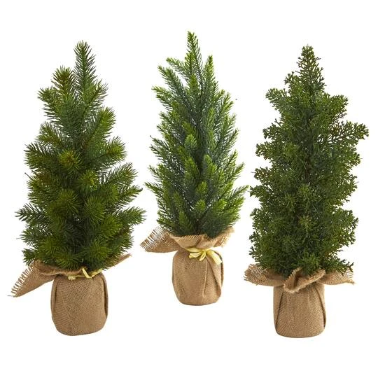 3 Pack 15" Unlit Mini Cypress & Pine Artificial Christmas Trees With Burlap Base 2 3 Pack 15" Unlit Mini Cypress & Pine Artificial Christmas Trees With Burlap Base - Image 2