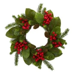 19" Magnolia Leaf, Berry & Pine Artificial Wreath