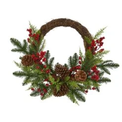 22" Mixed Pine With Berries & Pinecones Wreath