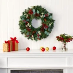 24" Eucalyptus & Pine Wreath With Berries And Pinecones -Northlight Sale Store D292943S 3