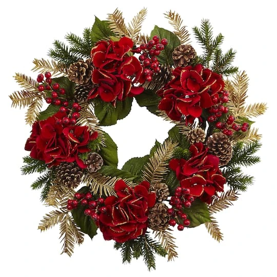 24" Red Hydrangea Pine Wreath 2 24" Red Hydrangea Pine Wreath - Image 2