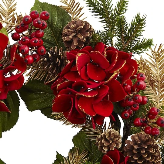 24" Red Hydrangea Pine Wreath 3 24" Red Hydrangea Pine Wreath - Image 3