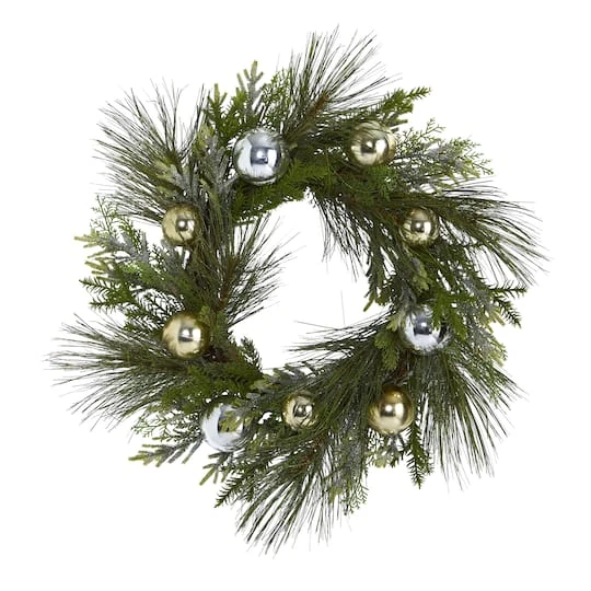 26" Sparkling Pine Wreath With Ornaments 2 26" Sparkling Pine Wreath With Ornaments - Image 2