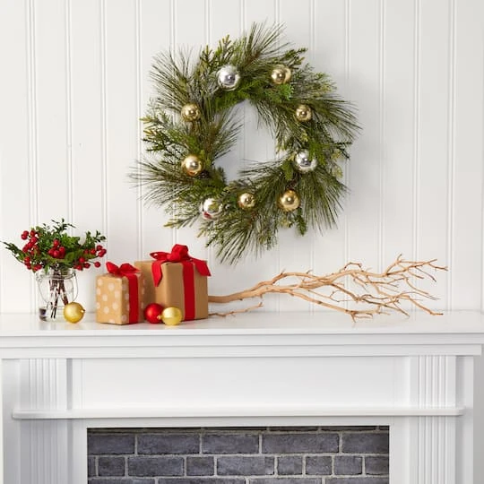 26" Sparkling Pine Wreath With Ornaments 3 26" Sparkling Pine Wreath With Ornaments - Image 3