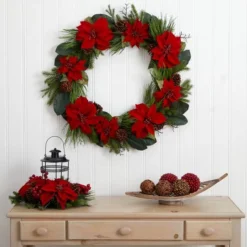 3ft. Red Poinsettia & Pine Wreath -Northlight Sale Store D292977S 12