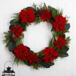 3ft. Red Poinsettia & Pine Wreath -Northlight Sale Store D292977S 13