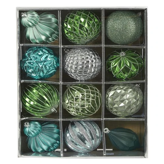 12ct. 4" Green & Silver Shatterproof Luxe Ornament Set 2 12ct. 4" Green & Silver Shatterproof Luxe Ornament Set - Image 2