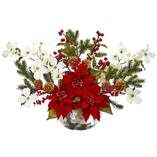 18" Red Poinsettia, Dogwood, Berry & Pine Artificial Arrangement In Silver Vase 1 18" Red Poinsettia, Dogwood, Berry & Pine Artificial Arrangement In Silver Vase